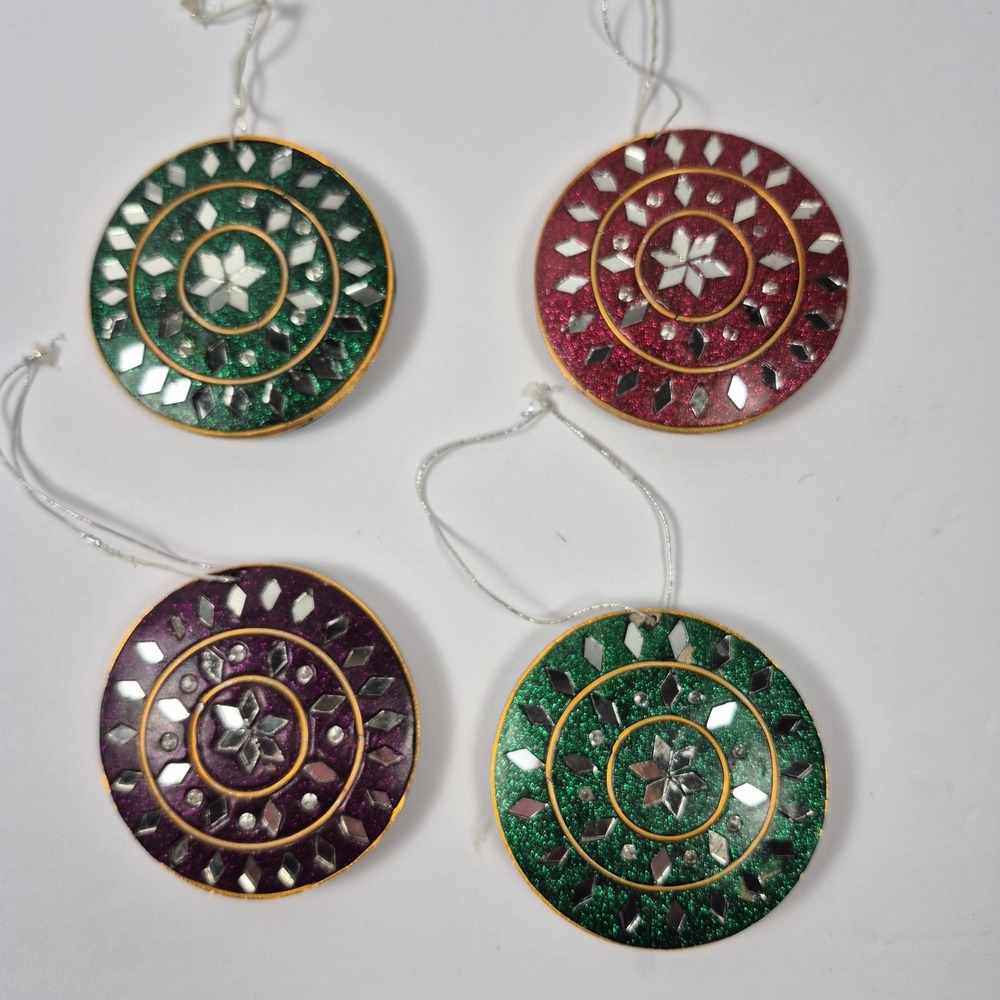 Mosaic Mirrored Glass Ornament Set Jewel Tone Glitter 2.5" Vintage Style Decor